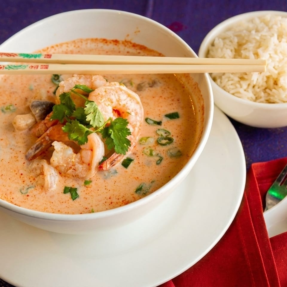 Shrimp Tom Yum soup with chopsticks, a side of rice, and cutlery on a purple tablecloth.