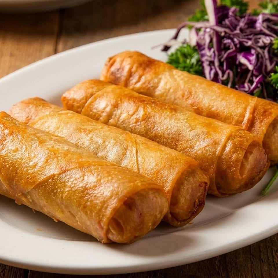 Four golden-brown spring rolls on a white plate, garnished with red cabbage and parsley.