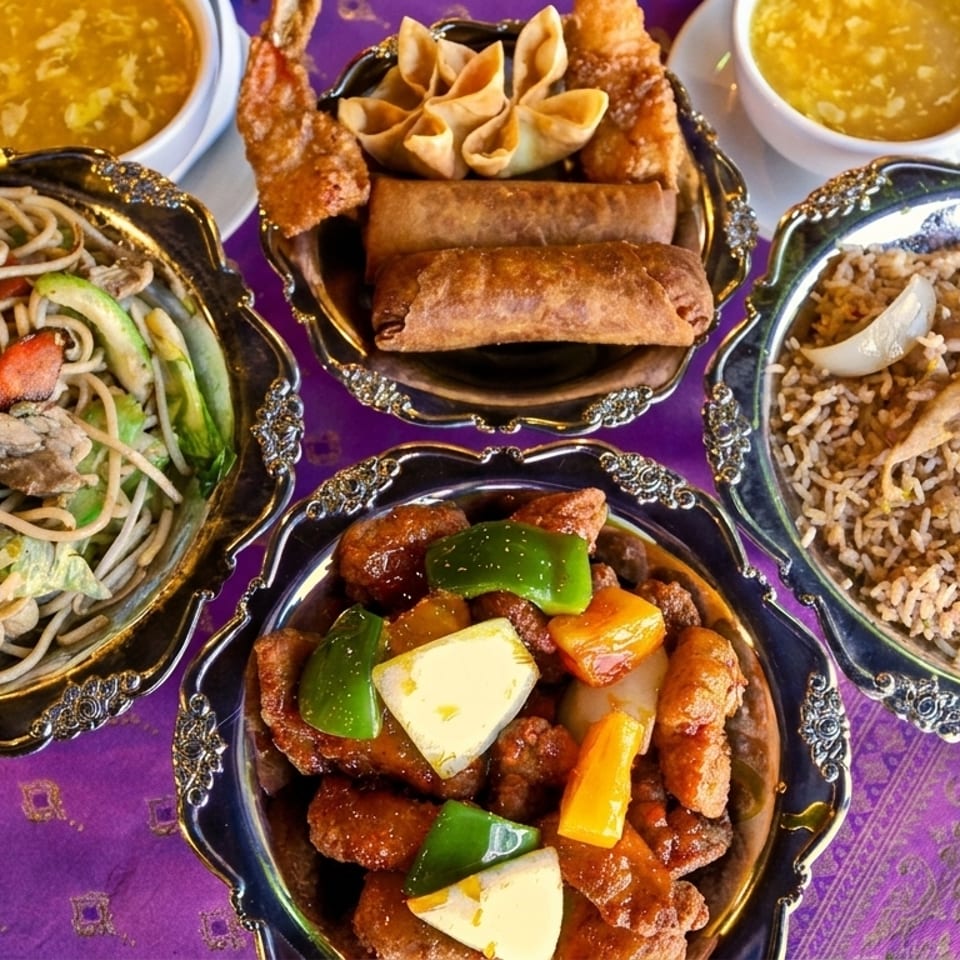 Assortment of Chinese dishes including noodles, fried rice, sweet and sour pork, and appetizers on a purple tablecloth.