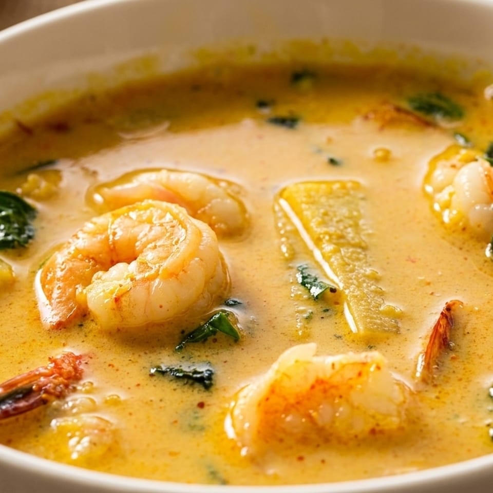 Thai yellow curry with shrimp and green vegetables in a white bowl.