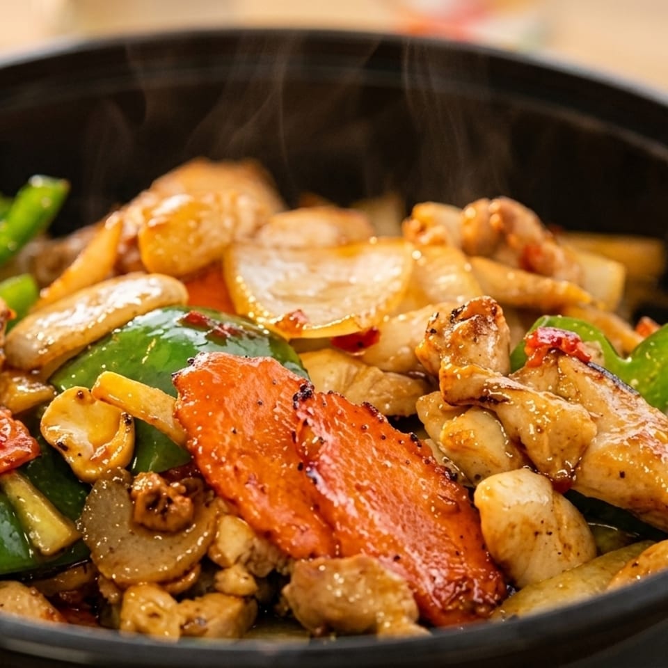 Thai stir-fried chicken with green peppers, carrots, and onions in a black bowl.