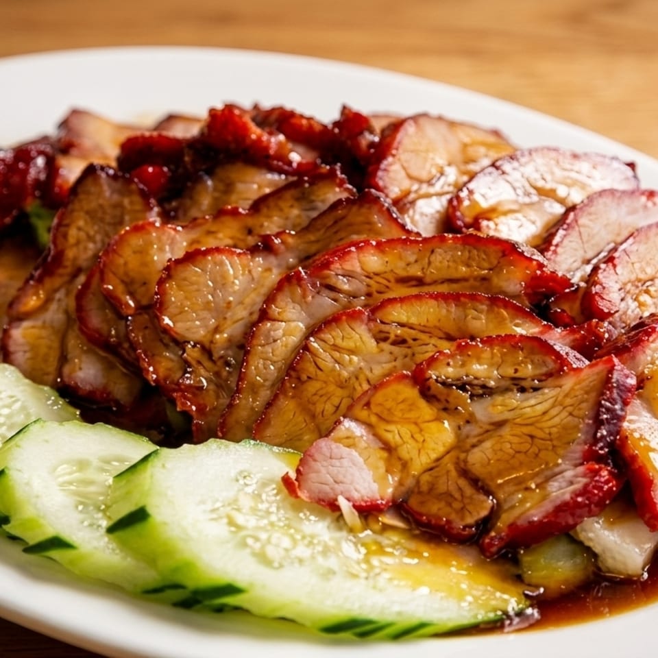 Sliced char siu (barbecue pork) with a glossy sauce and cucumber slices on a white plate.