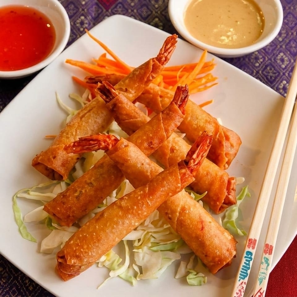 Golden fried shrimp spring rolls with shredded cabbage, carrots, and dipping sauces on a purple tablecloth.