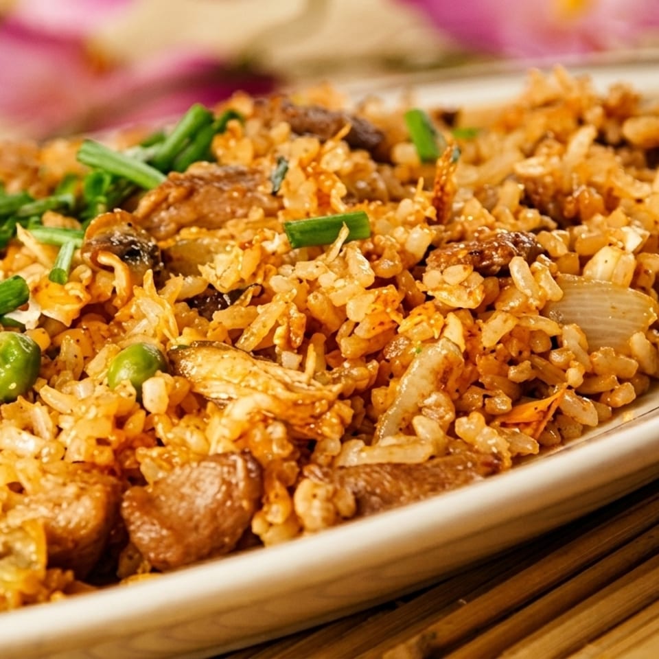 Close-up of fried rice with chicken, peas, and green onions on a white plate.