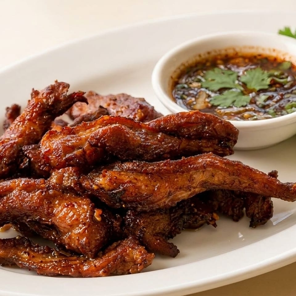 Crispy fried pork strips with a side of dipping sauce and fresh cilantro on a white plate.