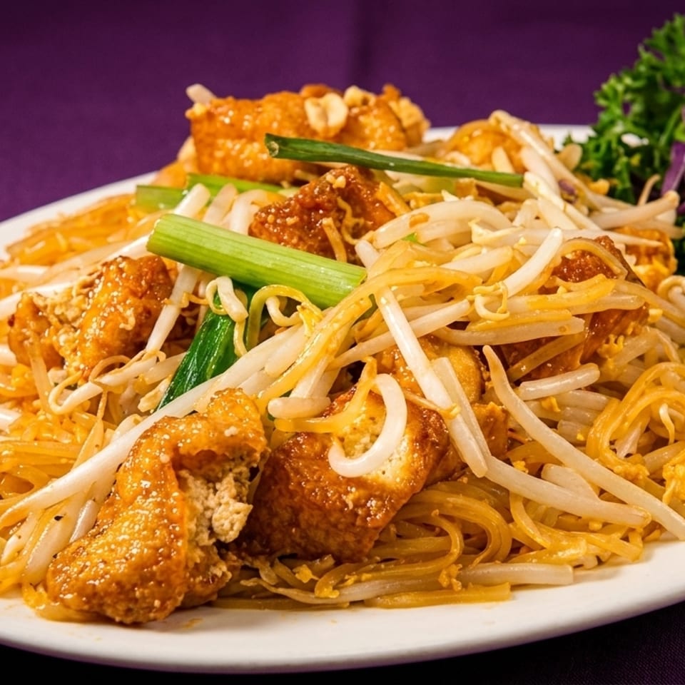 Thai Pad Thai rice noodles with tofu, bean sprouts, and green onions on a white plate.