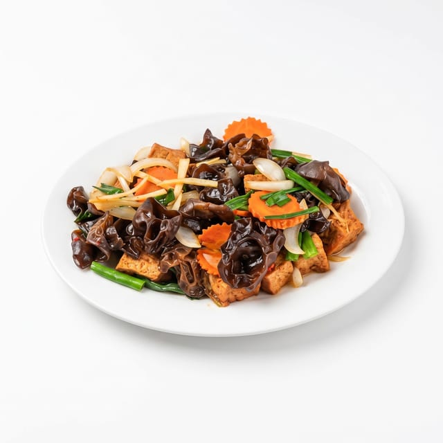 Stir-Fry Tofu with Black Fungus in Ginger Sauce.