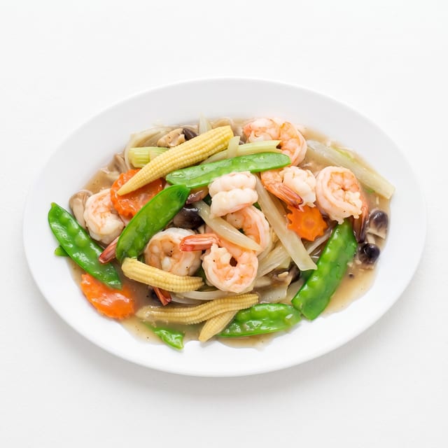 Chinese Peapods with Jumbo Shrimp.